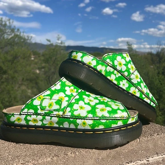 🏴󠁧󠁢󠁥󠁮󠁧󠁿 Dr. Martens MIE Vintage 90’s Green Daisy Floral Platform Slides UK 8 - Picture 15 of 16